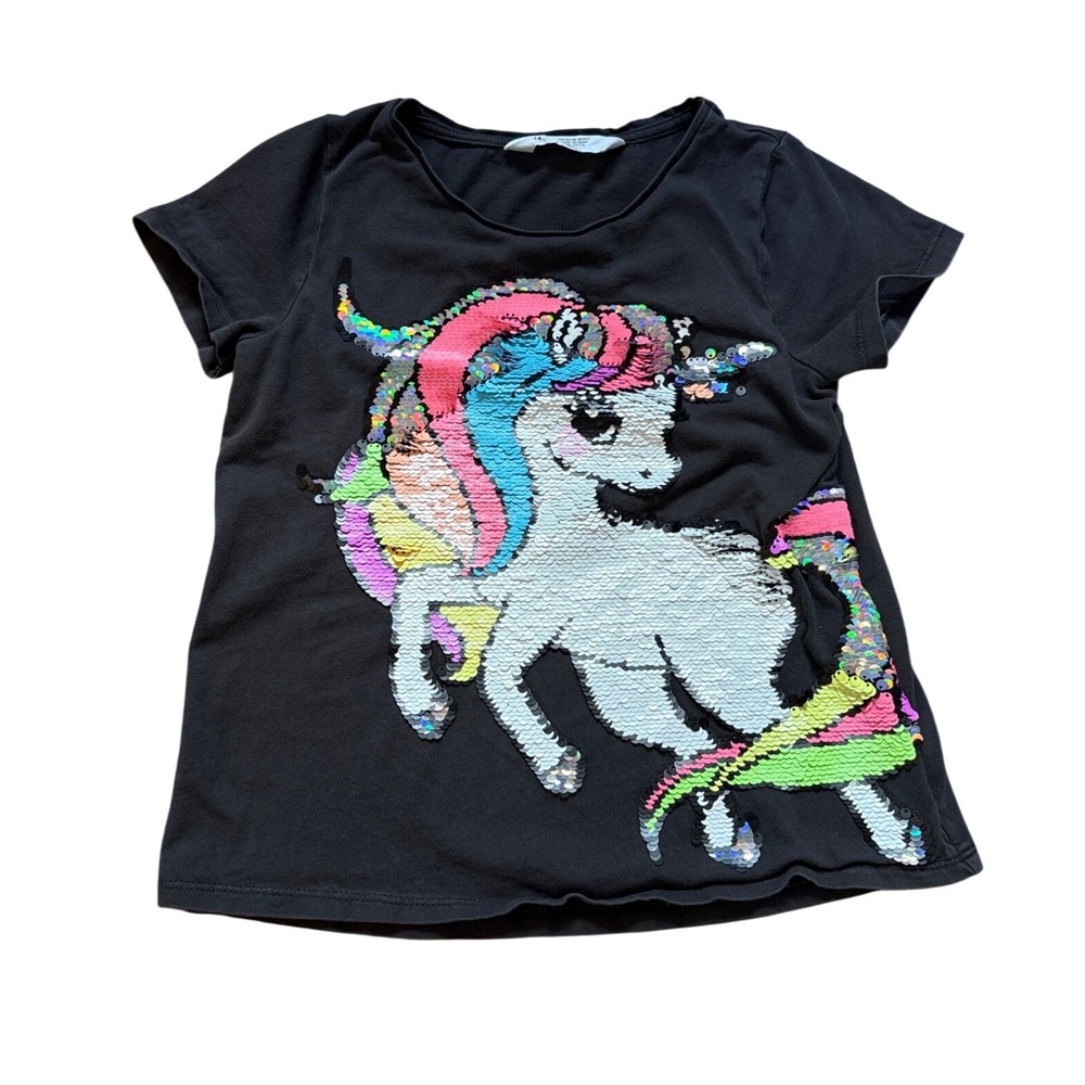 H&M Unicorn T-Shirt Kids Gray Good Flip Sequin Graphic Tee SIZE 6X/7